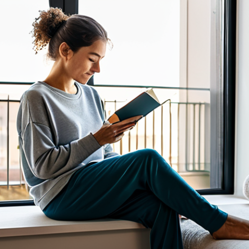 Home 7 A calm young adult woman in modest, comfortable loungewear, gently stretching on a sunlit minimalist apartment balcony, holding a warm beverage. She then sits quietly in a cozy reading corner, holding a gratitude journal. The scene is bathed in soft morning light, conveying peace and a mindful start to the day. Fully clothed, appropriate attire, safe for work, appropriate content, professional, perfect anatomy, correct proportions, natural pose, well-formed hands, proper finger count, natural body proportions, professional photography, high quality.