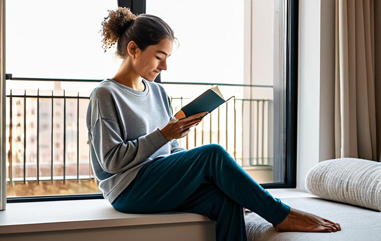 A calm young adult woman in modest, comfortable loungewear, gently stretching on a sunlit minimalist apartment balcony, holding a warm beverage. She then sits quietly in a cozy reading corner, holding a gratitude journal. The scene is bathed in soft morning light, conveying peace and a mindful start to the day. Fully clothed, appropriate attire, safe for work, appropriate content, professional, perfect anatomy, correct proportions, natural pose, well-formed hands, proper finger count, natural body proportions, professional photography, high quality.