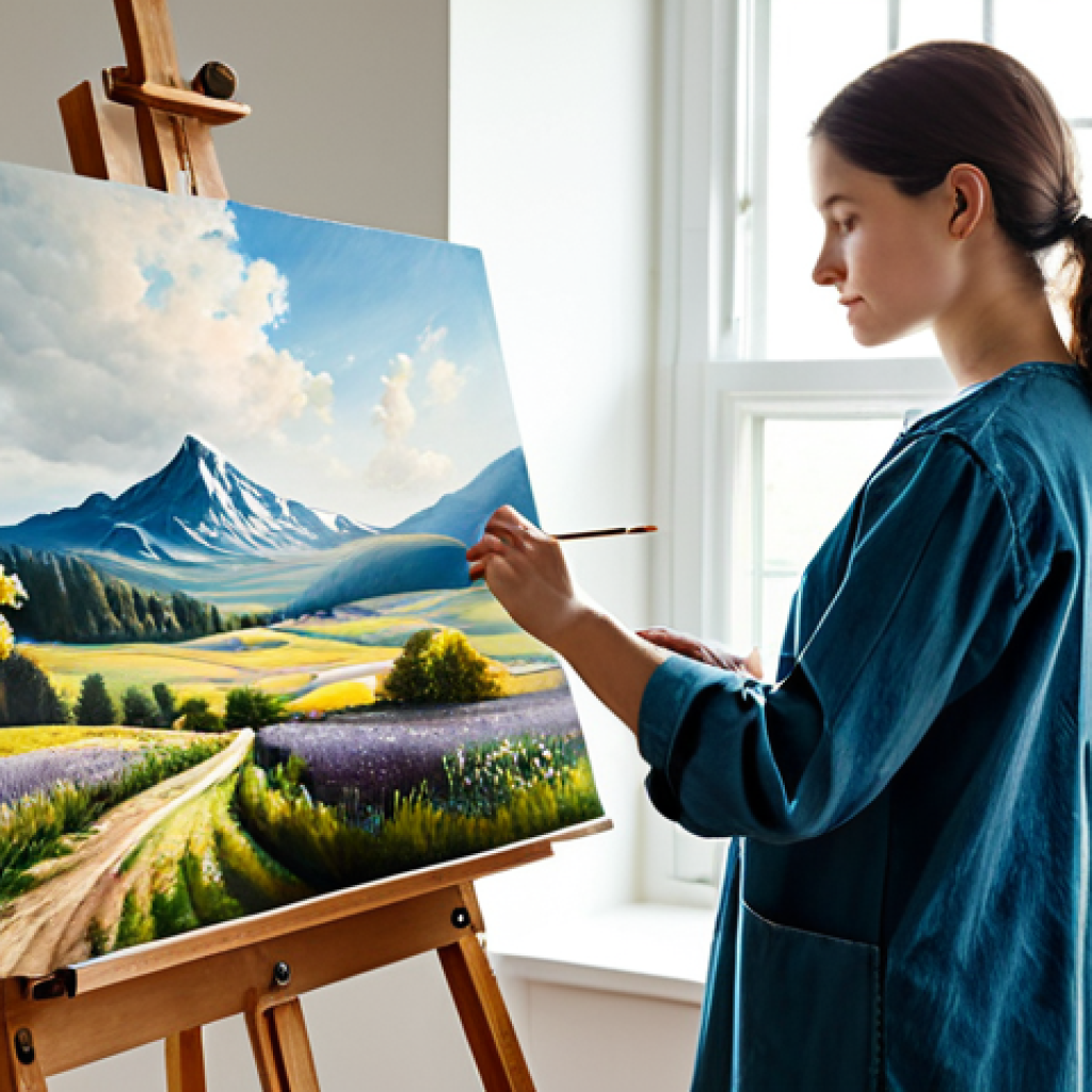 A creative individual in a modest smock over appropriate attire, fully clothed, focused on painting a vibrant landscape on an easel in a well-lit art studio. Soft natural light streams through a large window, creating a peaceful and inspiring atmosphere. Safe for work, appropriate content, family-friendly, perfect anatomy, correct proportions, natural pose, well-formed hands, proper finger count, natural body proportions, professional photography, high quality, studio lighting.