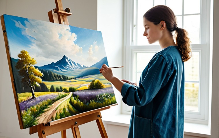 A creative individual in a modest smock over appropriate attire, fully clothed, focused on painting a vibrant landscape on an easel in a well-lit art studio. Soft natural light streams through a large window, creating a peaceful and inspiring atmosphere. Safe for work, appropriate content, family-friendly, perfect anatomy, correct proportions, natural pose, well-formed hands, proper finger count, natural body proportions, professional photography, high quality, studio lighting.