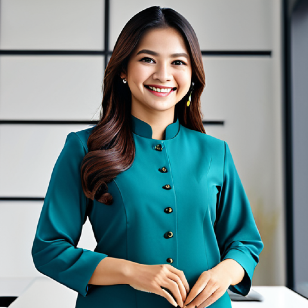 **
"A woman, fully clothed in a professional Baju Kurung, smiling confidently in a modern office setting, safe for work, appropriate content, modest, professional, perfect anatomy, natural pose, well-formed hands, proper finger count, natural body proportions, high quality."
**