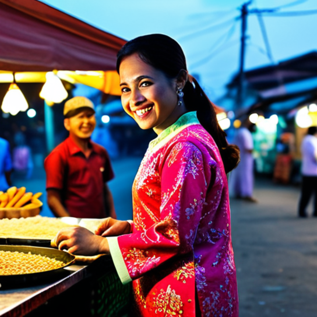 **
A Malaysian woman in a brightly colored, modest baju kurung, smiling warmly while preparing teh tarik at a traditional stall. Background features a bustling pasar malam scene at dusk with food vendors and string lights. Perfect anatomy, correct proportions, natural pose, professional photography, high quality, safe for work, appropriate content, fully clothed, modest.
**
