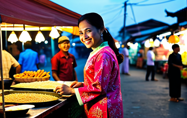 **
A Malaysian woman in a brightly colored, modest baju kurung, smiling warmly while preparing teh tarik at a traditional stall. Background features a bustling pasar malam scene at dusk with food vendors and string lights. Perfect anatomy, correct proportions, natural pose, professional photography, high quality, safe for work, appropriate content, fully clothed, modest.
**