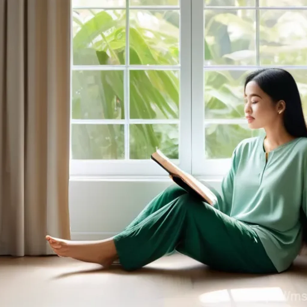 하루를 의미 있게 만드는 아침 루틴 - **Prompt:** A peaceful and serene morning scene featuring a young Malay woman in her late 20s, dress...