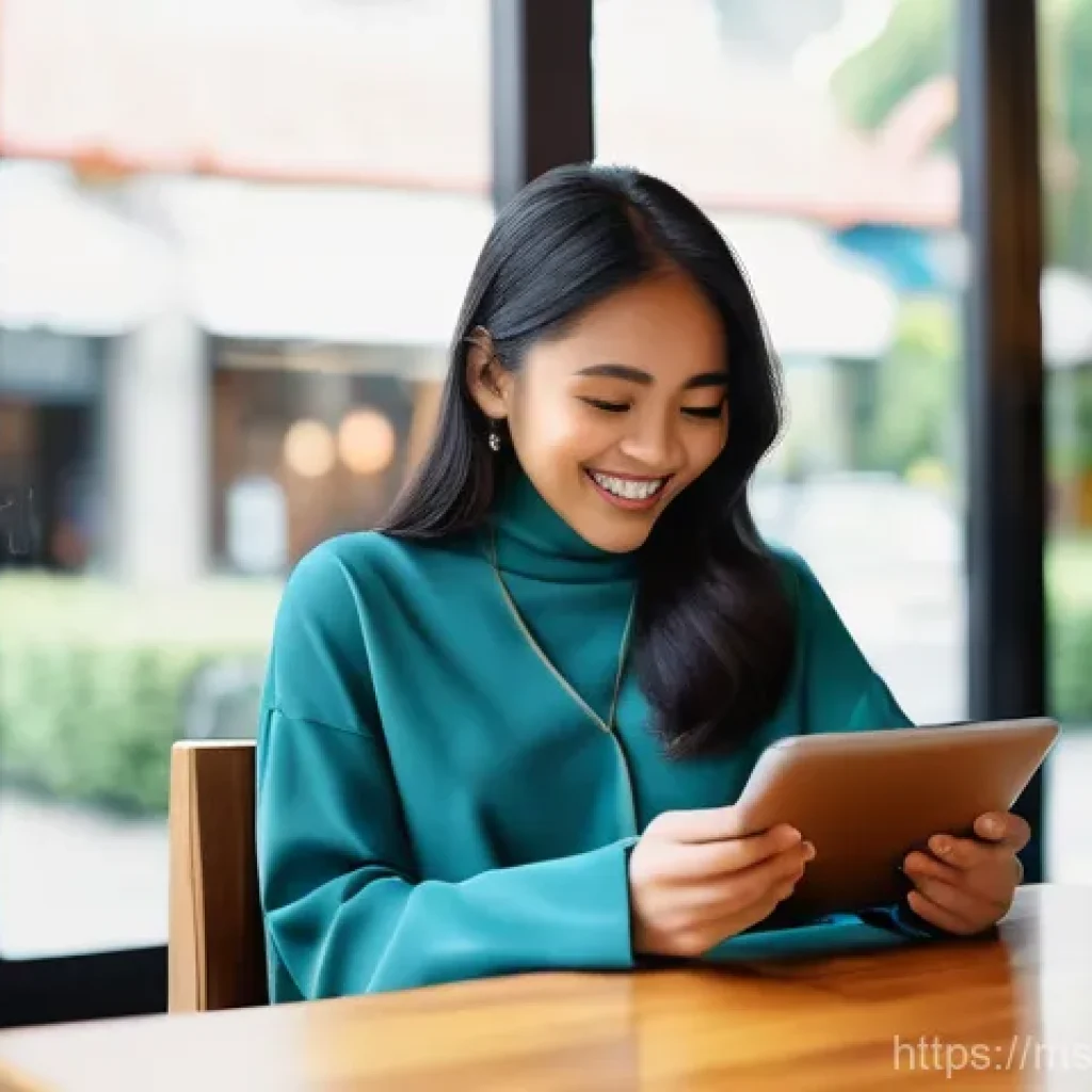 소중한 하루 기록하기 - **Joyful Digital Journaling at a Cafe**
"A young Malay woman, dressed in a modest yet stylish ca...