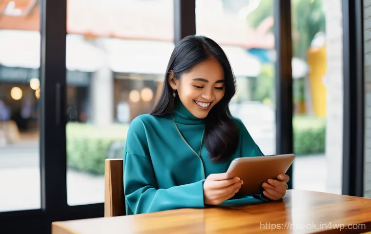 소중한 하루 기록하기 - **Joyful Digital Journaling at a Cafe**
"A young Malay woman, dressed in a modest yet stylish ca...
