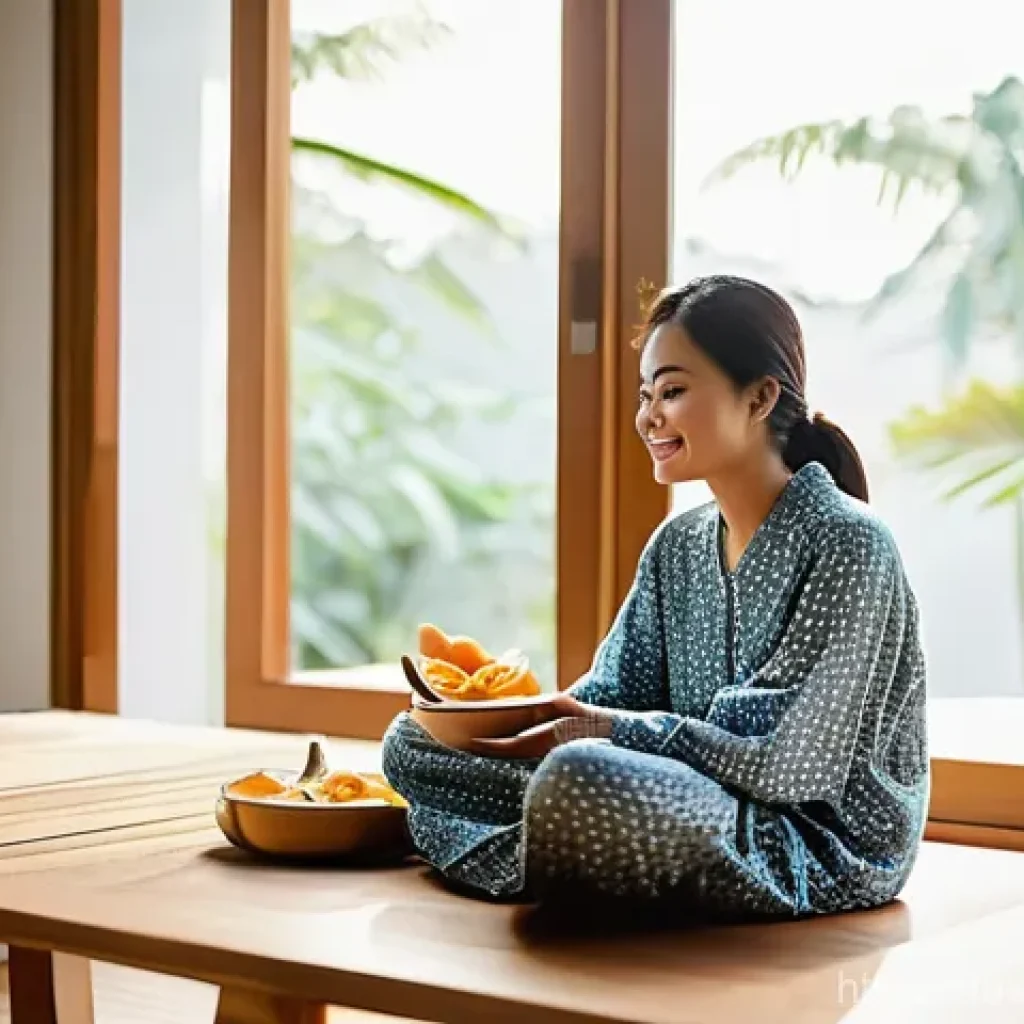 하루를 의미 있게 바꾸는 작은 실천 - **Prompt:** "A serene morning scene in a modern Malaysian home. A young Malay woman, in her late 20s...