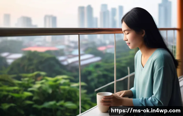 일상 소소한 행복을 느끼는 방법 - **Prompt:** A serene early morning scene on a balcony or porch in Kuala Lumpur. A person, dressed mo...