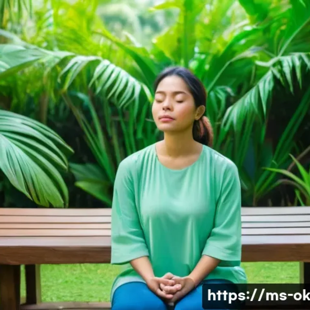 하루의 소중함을 느끼는 명상법 - A serene Malaysian woman in modest casual clothing practicing 4-7-8 breathing meditation while sitti...