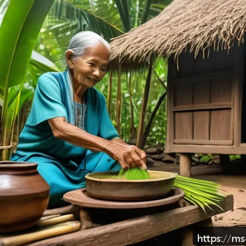 Home 30 아보하와 함께하는 여유로운 시간 - A traditional Malaysian village setting with an elderly indigenous woman preparing Aboga drink using...