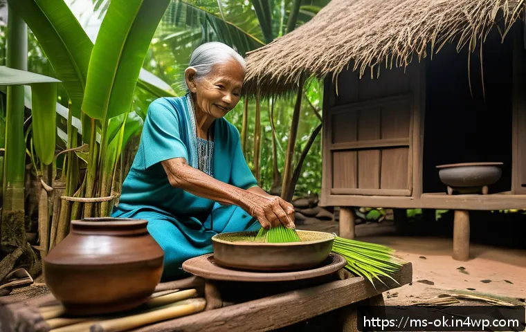 아보하와 함께하는 여유로운 시간 - A traditional Malaysian village setting with an elderly indigenous woman preparing Aboga drink using...