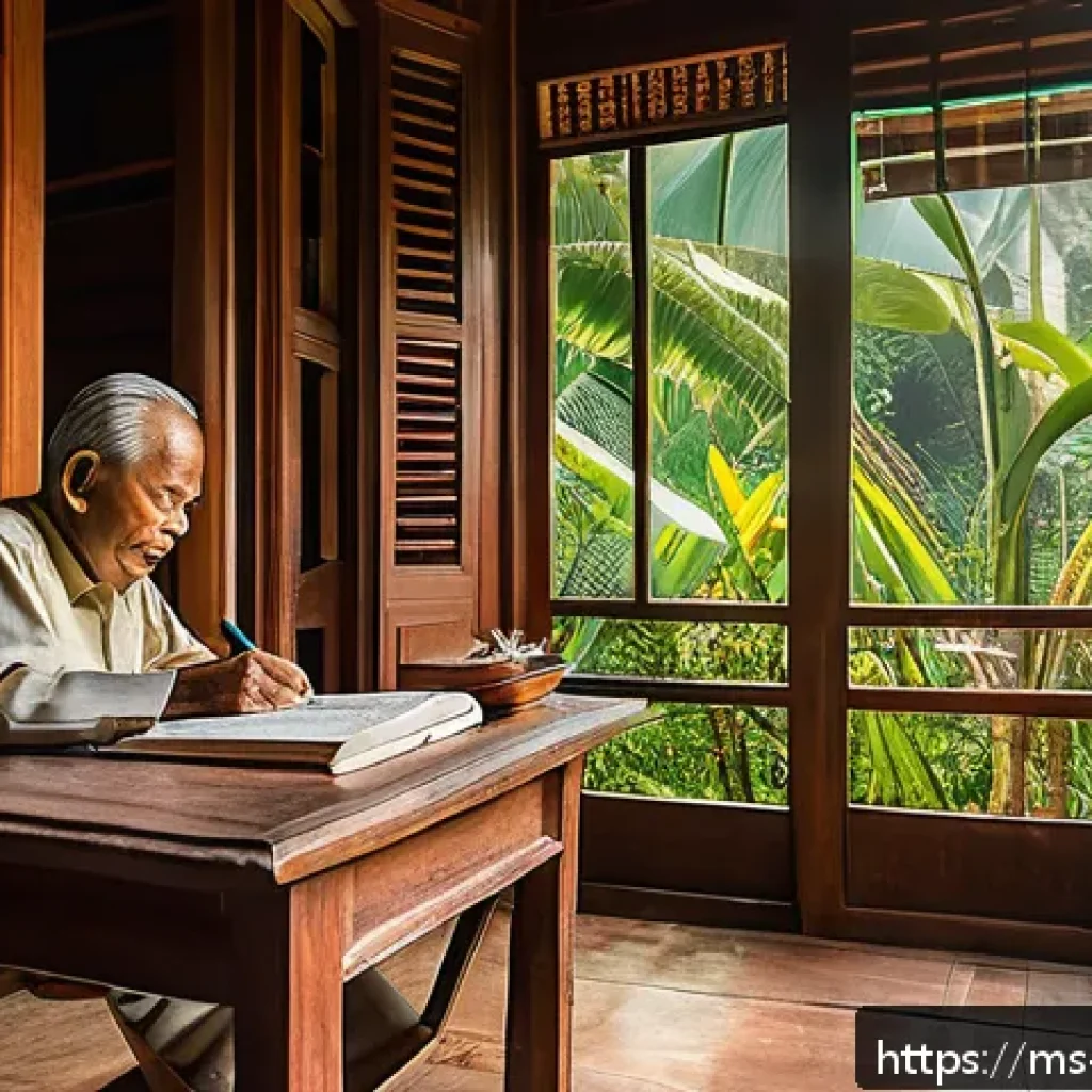 아보하를 위한 일기 쓰기 - A cozy home writing nook in a traditional Malaysian house during early morning light, featuring an e...