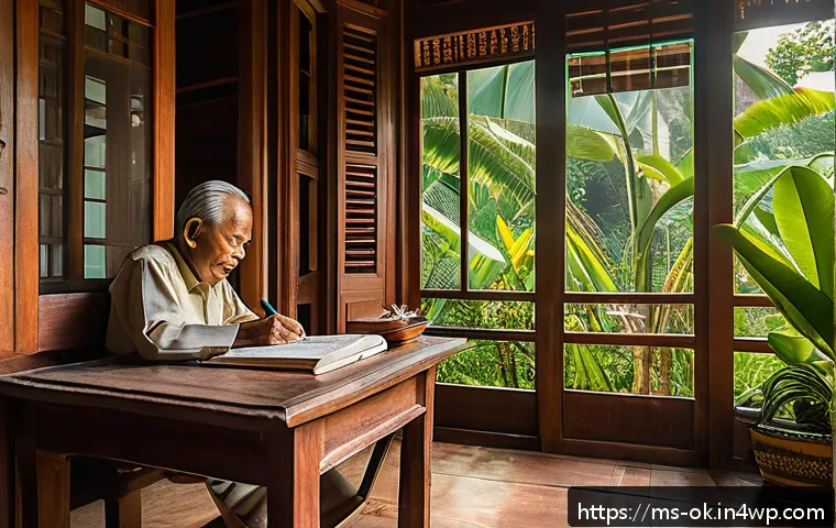 아보하를 위한 일기 쓰기 - A cozy home writing nook in a traditional Malaysian house during early morning light, featuring an e...