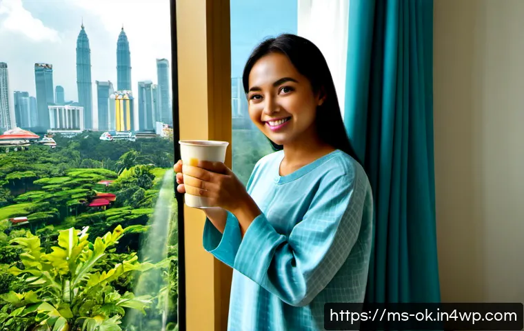 Home 17 매일 아침 긍정적인 시작하기 - Photorealistic morning scene in a bright Malaysian apartment, a cheerful Malay woman in modest casua...