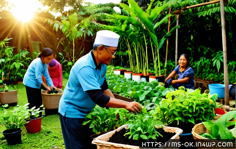 Home 17 아보하의 실천을 위한 커뮤니티 찾기 - Photorealistic community garden in a Malaysian neighbourhood at golden morning light, diverse Malay ...
